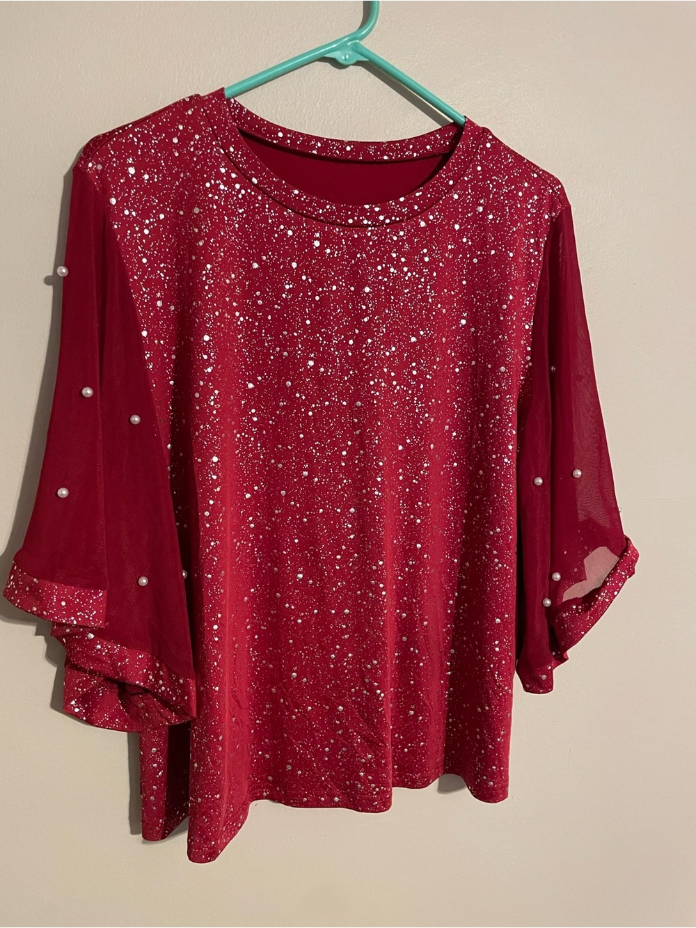 Embellished Crimson Mesh Sleeve Women's Blouse